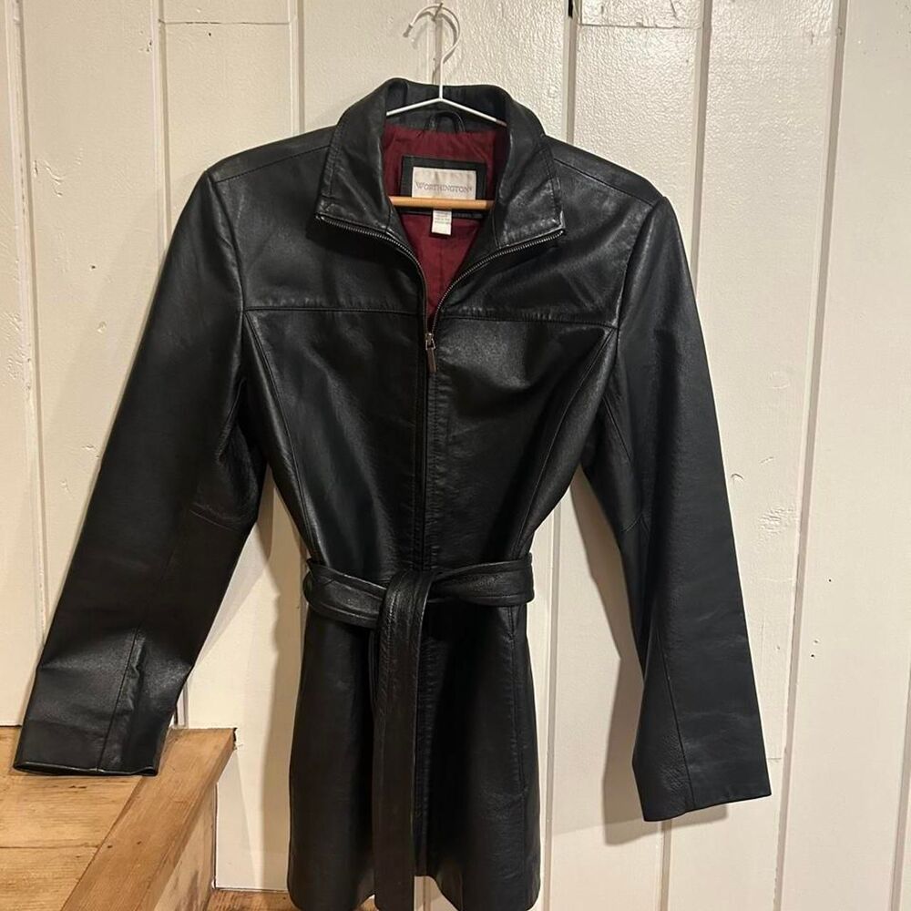 Vintage Worthington Black Soft Genuine Leather Belted Trench Coat Jacket